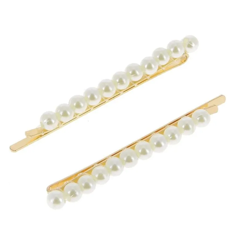 Barrettes dorées perles alignées x 2
